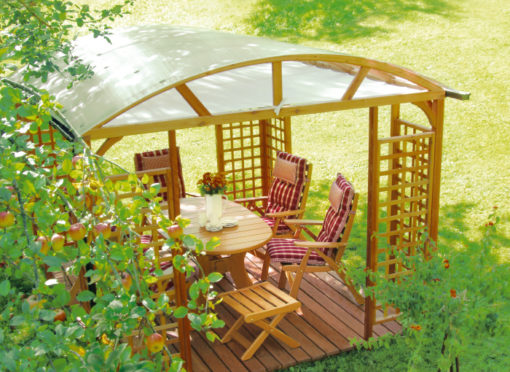 Schöner, massiver Holz-Pavillon für Garten und Terrasse mit Sitzgruppe Wartenstein