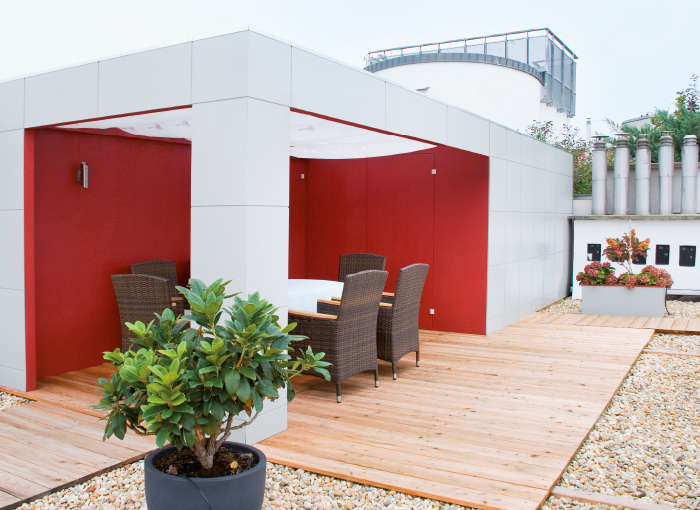 Klare Linien: Moderner Pavillon "Box" für Garten und Terrasse nach Maß; mit integriertem Gerätehaus