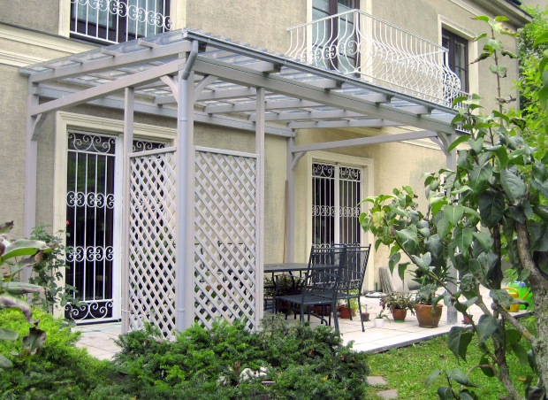 Terrassendach traditionell Lärche massiv: Terrassendach mit Rankgitter, Regenrinne und Fallrohr