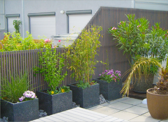 Moderner Gartenzaun mit Leistenfelder / Lamellen als Sichtschutz auf der Terrasse in Lärche Steingrau