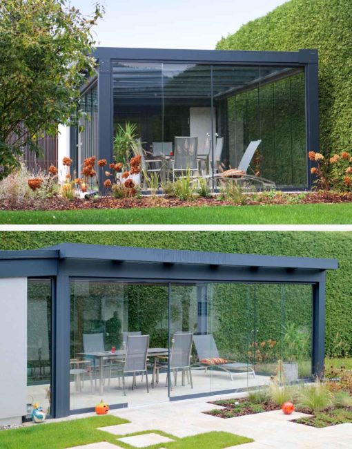 Terrassendach Suroline in Alu-Glas mit Glasschiebetüren – WALLI Wohnraum Garten